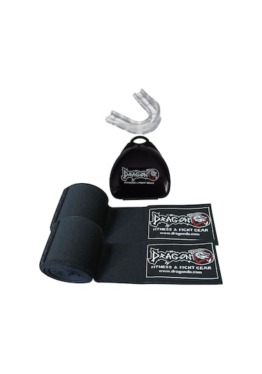 Dragondo Boks Bandajı Elastik Bandaj Çift Ve Dişlik 2'li Set Siyah