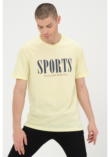 Erkek Sarı Basic T-shirt Baskılı Slim Fit %100 Pamuk Tişört Sarı