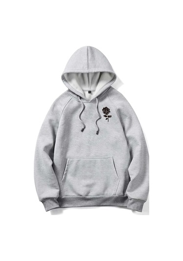 Modagen Unisex Gri Sol Göğüs Gül Detaylı Oversize Kapüşonlu Sweatshirt Gri