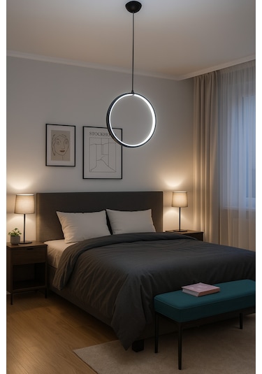 Modern Siyah Led Halka Avize Yatak Odası Ve Salon İçin Tekli Sarkıt Aydınlatma Siyah