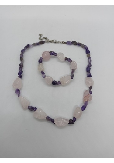 Doğaltaşkolye/bileklik Takım - Pembe Kuvars Ve Ametist Taşı Takım Mdl-1005/balık Hediyelik Mor - Pembe