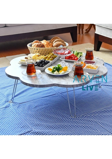 Arvenlive Sütlü Kahve Mermer Desenli Ahşap Katlanabilir Papatya Yer Sofrası