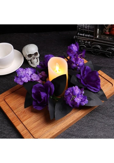 Yifomall Halloween Mor Gül Mumlu Çiçek Ağı Table Dekorasyonu: Simülasyon Çiçekli Süs Çemberi Stüdyo Vibe Oluşturucu Alet