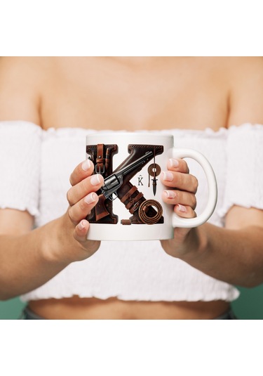 K Harfi Kovboy Temalı Bardak 330 Ml İsim / Harf Kişiye Özel Hediye - Vahşi Batı Konsept Beyaz