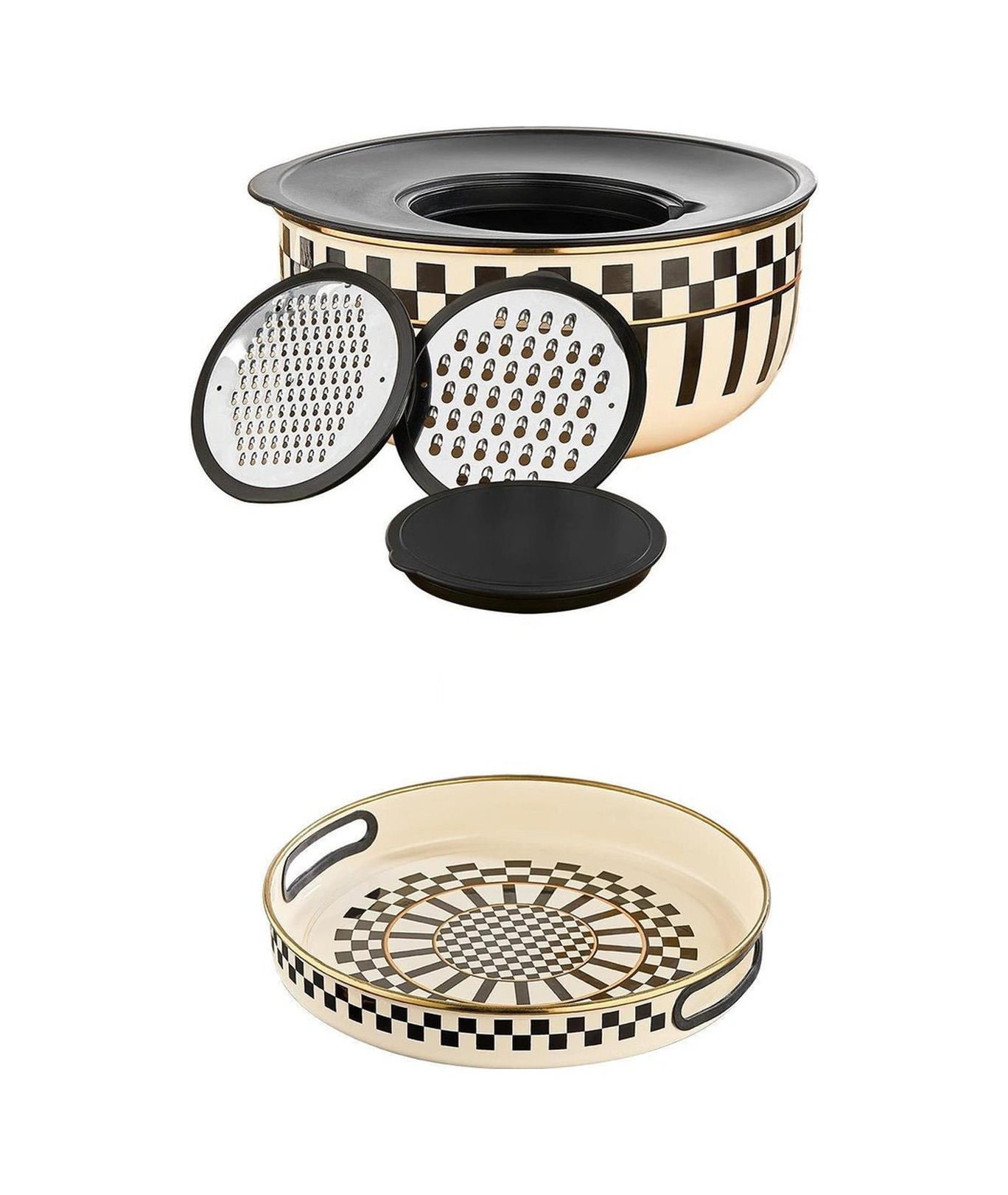 Prime Cream 5 Parça Rendeli Saklama Ve Karıştırma Kabı 24 Cm Ve Emaye Servis Tepsisi 28 Cm Krem