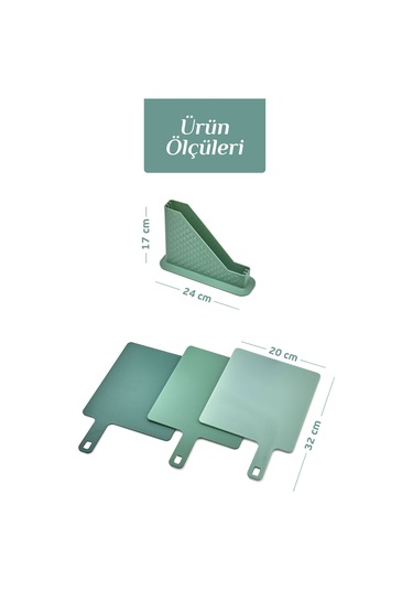 4'lü Tezgah Üstü Standlı Kulplu Kesme Tahtası - Çoklu Doğrama Tahtası Ekmek Sebze Et Kesim Panosu Yeşil