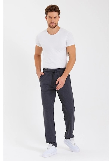Mmetalic Siyah Arka Cepli Etiket Detaylı Düz Paça Erkek Içi Pamuklu Eşofman Altı 001 Antrasit