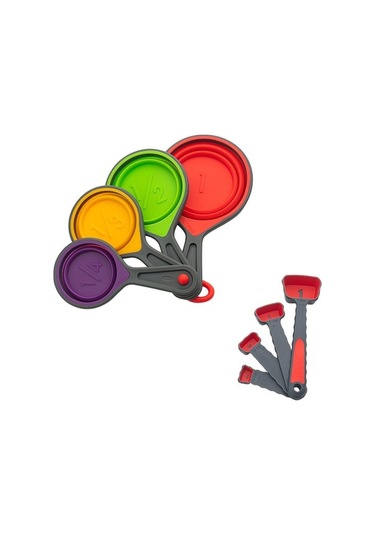 Pazly Çok Renkli Silikon Ölçüm Kabı Ve Kaşık Seti, Katlanabilir Mutfak Aracı, 8 Adet, Yeşil/kırmızı/sarı/mor Çok Renkli