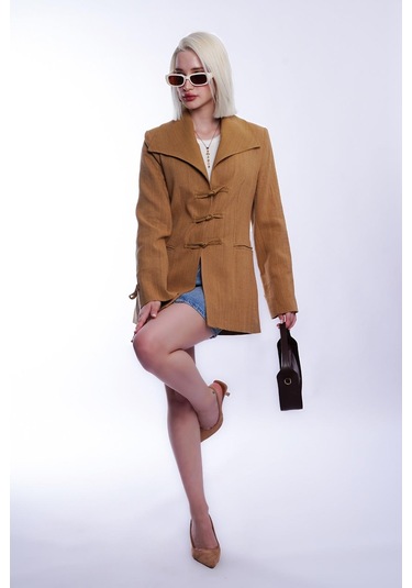 Madmext Hardal Bağlama Detaylı Blazer Kadın Ceket Mg2482 Hardal