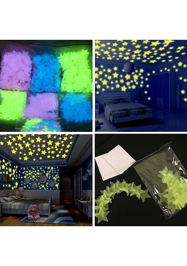 Xiyyadms 100 Adet Parlayan Gece Yıldızı Çıkartması - Çocuk Odası Dekoru İçin Işıkla Şarj Olan Yapışkan Yıldızlar Mavi