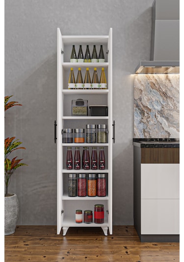 Ae-3085 Selen Çok Amaçlı Beyaz Dolap 7 Raflı, 2 Kapaklı Mutfak