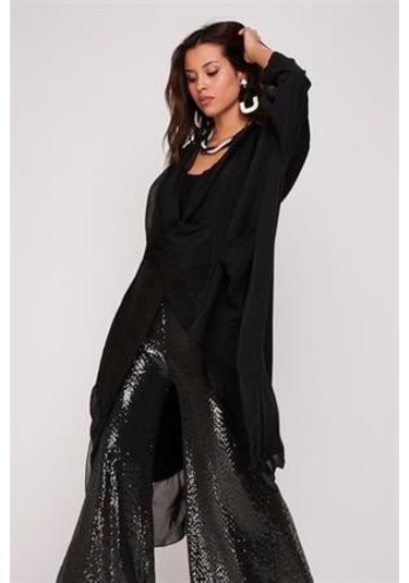 Italyan Büyük Beden Ipek Detaylı Oversize Kaftan & Bluz-9896 Siyah
