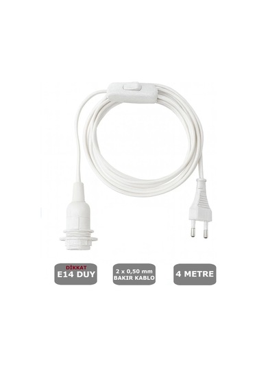 4 Metre Arapuarlı Aç Kapat Anahtar Fişli Abajur Lambader Duyu Seyyar E14 2x0,50 Beyaz