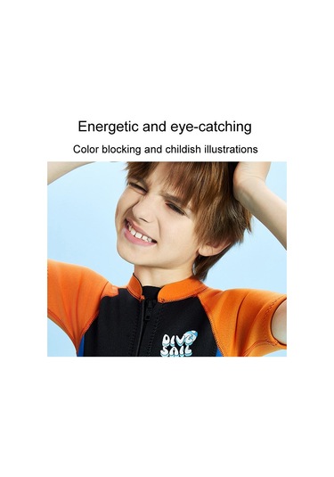 Dıve & Saıl 2.5mm Kısa Kollu Tek Parça Sıcak Çocuk Wetsuit Şnorkel Soğuğa Dayanıklı Mayo Siyah - Turuncu