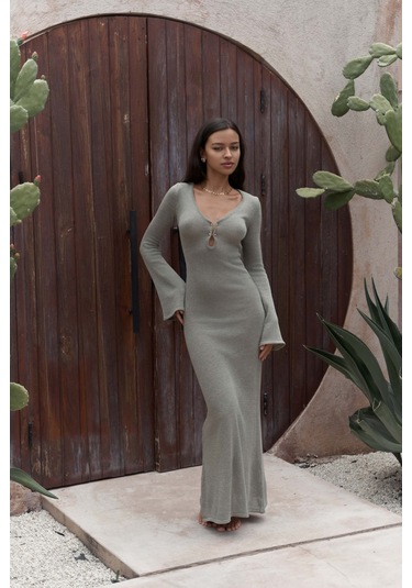 Ortensia Metal Detay Haki Uzun Triko Elbise Haki