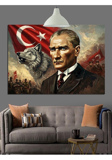 Atatürk Ve Kurt Resmi Dekoratif Kanvas - Mdf Ahşap Tablo