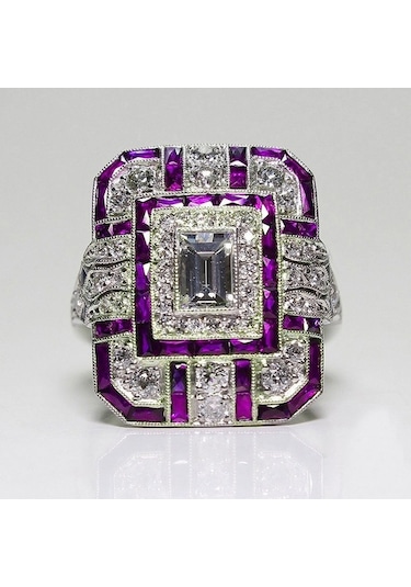 Luxury Square Women Crystal Zircon Engagement Ring, Ring Size:6 Purple Çok Renkli