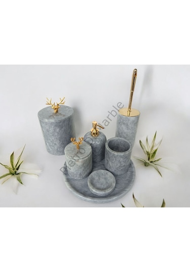 Gri Mermer Klasik Model 7 Parça Gold Renk Geyik Aksesuarlı Banyo Seti Gri