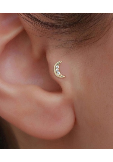 14 Ayar Altın Taşlı Hilal Tragus Piercing Sarı Altın