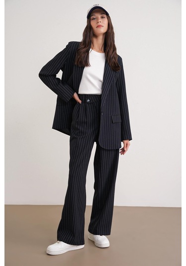 4753 Kadın Çizgili Oversize Blazer Ceket Lacivert Lacivert