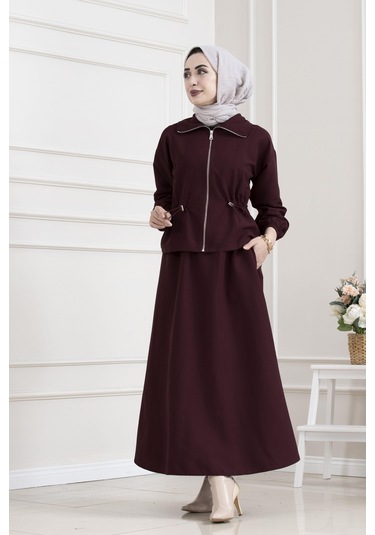 Sevitli Beli Tünelli Fermuarlı Etekli Takım-bordo-5627 Bordo