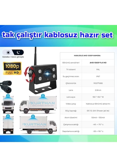 1 Adet Kablosuz Kamera Ahd 1080p 7 İnç Dvr Monitör Bsd Kör Nokta Sistemli 12 24 V