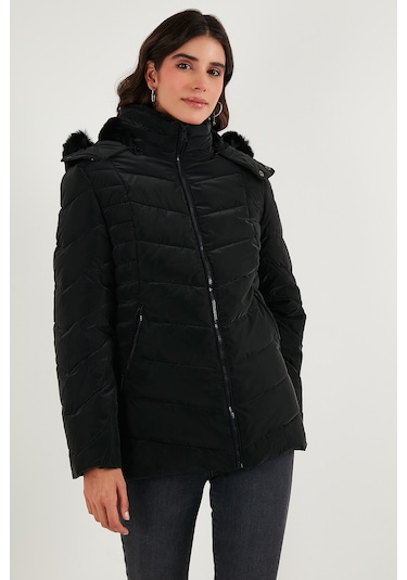 Lela Kapitoneli Slim Fit Çıkarılabilir Kapüşonlu Bayan Mont 497Mara Siyah