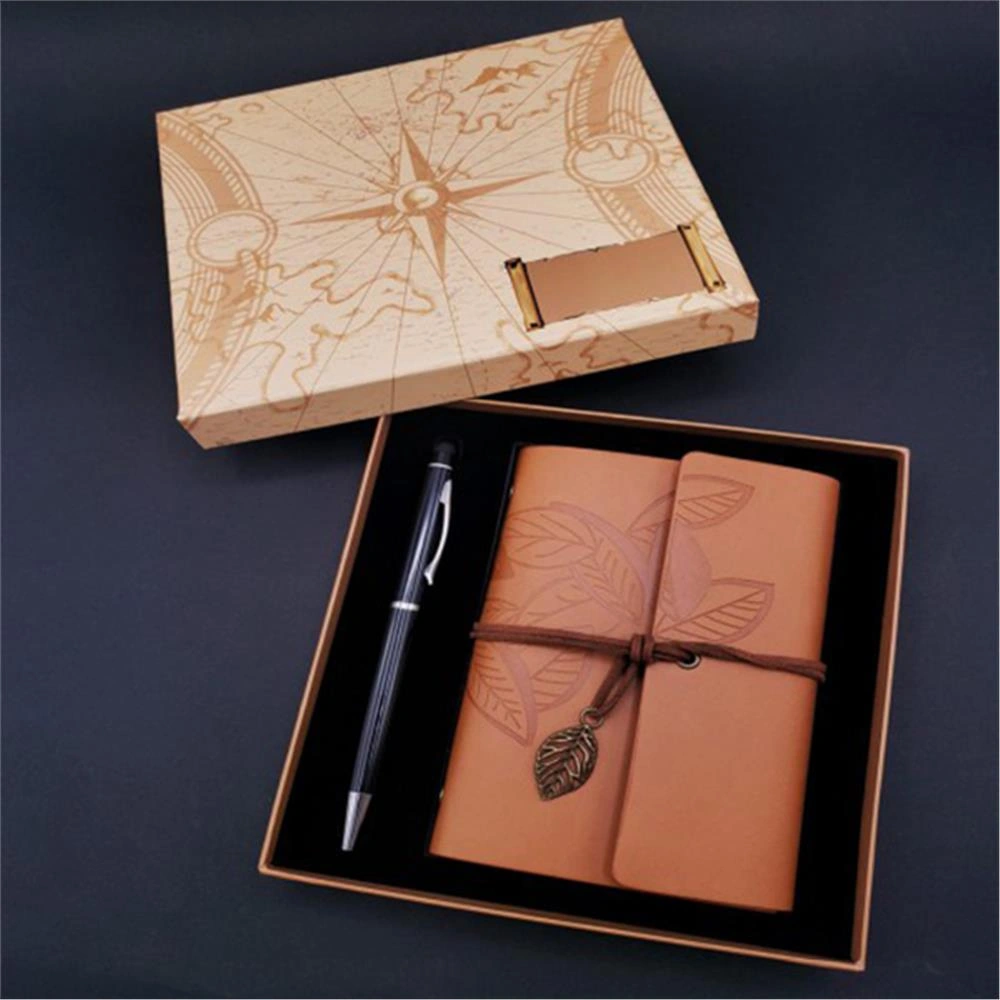 Kişiye Özel Retro Yaprak Defter Kalem Set Taba Pusula Kutulu