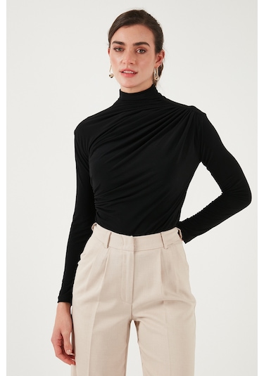 Lela Streç Büzgü Detaylı Slim Fit Dik Yaka Bayan Bluz 669925 Siyah