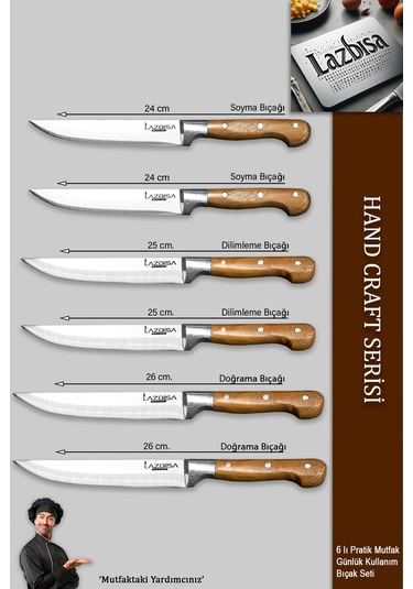Lazbisa Mtf-048 Hand Craft Mutfak Bıçak Seti Et Ekmek Sebze Meyve Doğrama Bıçağı 6 Lı Günlük Kullanım Kırmızı