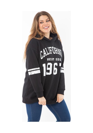 Kadın Büyük Beden Haki İçi Şardonlu Üç İplik Kapşonlu Sweatshirt 65n37290-siyah Siyah