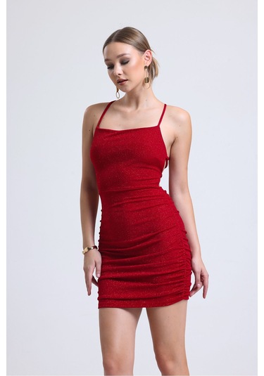 Sırttan Çapraz Bağlamalı Kırmızı Simli Mezuniyet Elbisesi Kırmızı