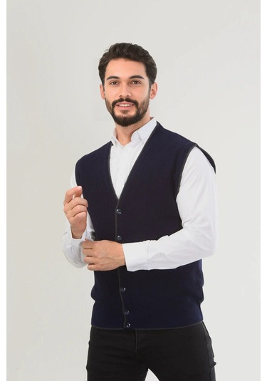 Kamalı Lacivert Erkek V Yaka Triko Düğmeli Cepli Çizgi Desenli Regular Fit Tüylenmeyen Örgü Yelek Lacivert