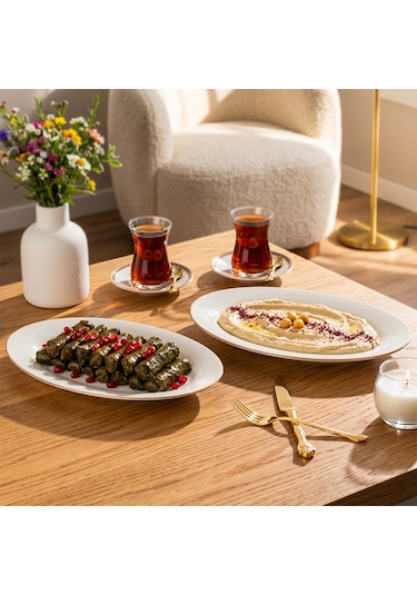 Porsima 4440 Gardenya Porselen Altın Fileli Kayık Tabak Seti - Oval Kahvaltılık Sunumluk Seti 30cm Beyaz