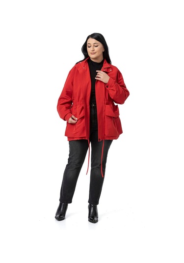 Büyük Beden Çıtçıt Ve Fermuar Kapamalı Beli Büzgülü Astarlı Kırmızı Trençkot Kırmızı