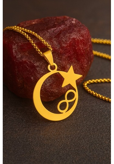 Şık Ve Anlamlı Tasarım, Kararma Yapmaz, Hediye Kutulu Altın Renk Hilal Yıldız Sonsuzluk Kolye altın