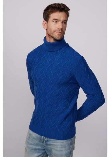 Slim Fit Dar Kesim Tam Balıkçı Yaka Desenli Lacivert Erkek Triko Kazak-28664 Lacivert