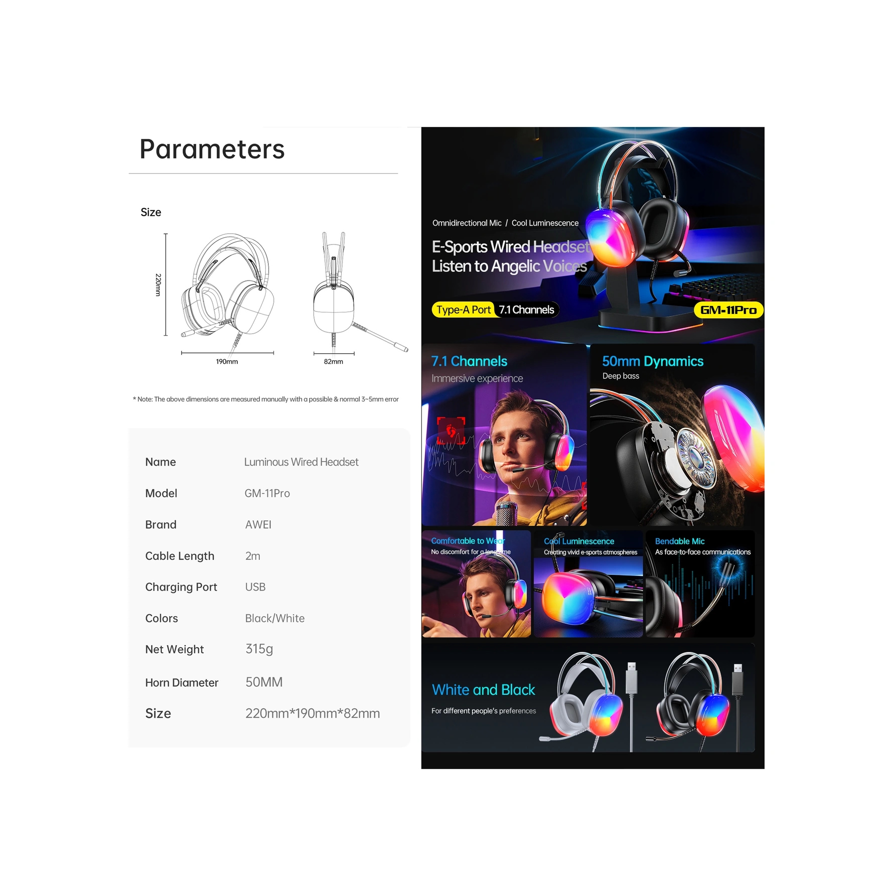 Sones Awei Gm-11 Pro Luminous Kablolu Kulaklık, Kablo Uzunluğu: 2 M