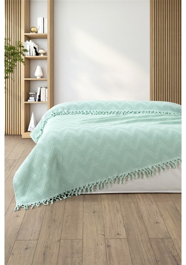 %100 Pamuk Çift Kişilik Bağlama Saçaklı Pike-220x240 Cm-mint Mınt Mint