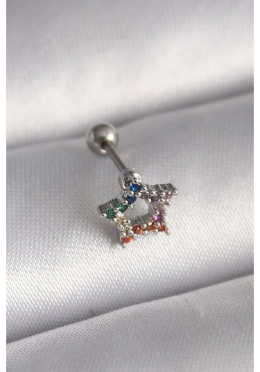 316l Çelik Gümüş Renk Renkli Zirkon Taşlı Yıldız Model Tragus Piercing Çok Renkli