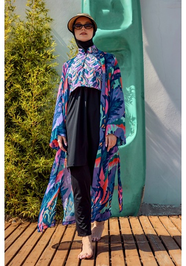 Remsa Tesettür Mayo Üzerine Tek Kaftan Kimono Pareo Mor Rp028 Morika Mor