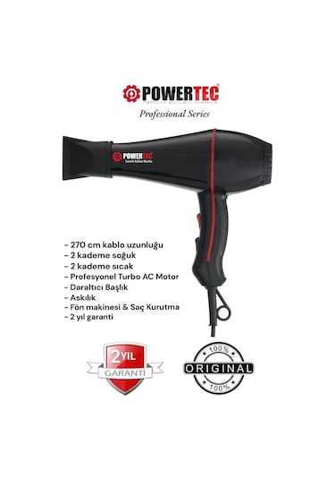 Powertec TR-601/TR-601S Turbo Profesyonel 2500 W Saç Kurutma Makinesi Siyah