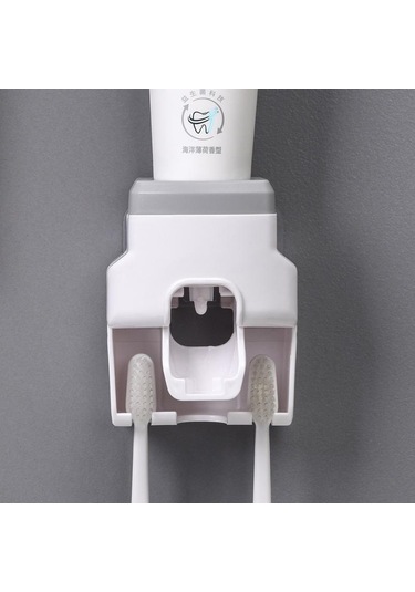 Gri Hapythda Duvara Monte Diş Fırçası Tutucu Seti Otomatik Diş Macunu Dispenseri Su Geçirmez Banyo Aksesuarları Diş Macunu Sıkacağı Gri