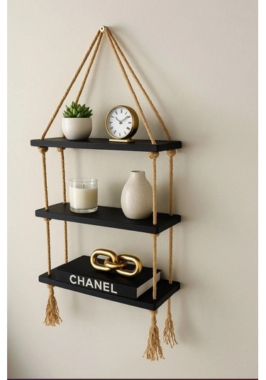 3 Katlı Dekoratif Ahşap Halatlı Duvar Rafı Kitaplık & Çiçeklik Uçan Raf 35cmx13cmx90cm Ahşap - Siyah