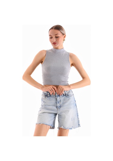 Kadın Likralı Kolsuz Crop Bluz Gri