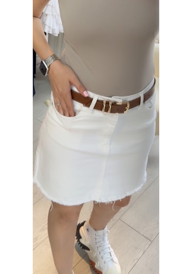Cebi Taşlı Beyaz Mini Kot Etek