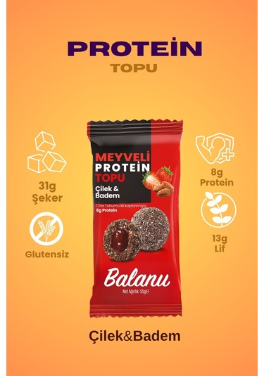 Meyveli Çilekli & Bademli Protein Topları 55gr X3 Adet