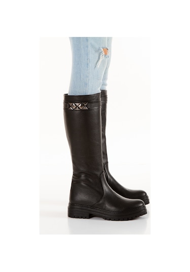 İlolica Hakiki Deri Kalın Taban Kadın Çizme Siyah