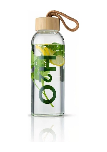 İronika H2o Borosilikat Cam Matara Bambu Vakum Kapaklı Su Şişesi Suluk 600 Ml Açık Kahverengi