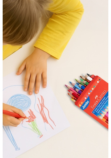 Faber-Castell Jumbo Boya Kalemi,12 Renk,Kalın Gövde ve Uç,Kırılmaya Dirençli Özel Yapıştırma Sistemi,Kolay Açılır